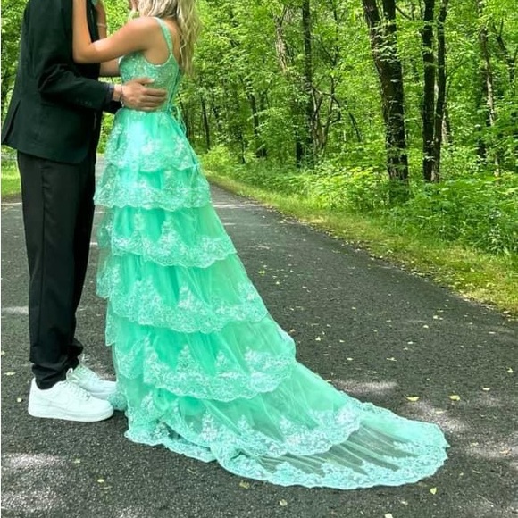 Glitter Tiered Tulle Lace Prom Dress Long Spaghetti Straps Formal Evening Gown - Picture 3 of 8